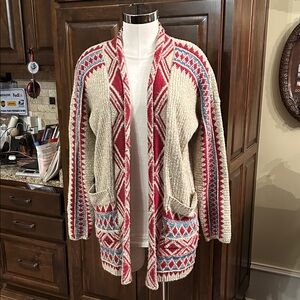 Lucky Brand Sz M Cozy Knit Cardigan Sweater Western Style Tan Red Blue GUC